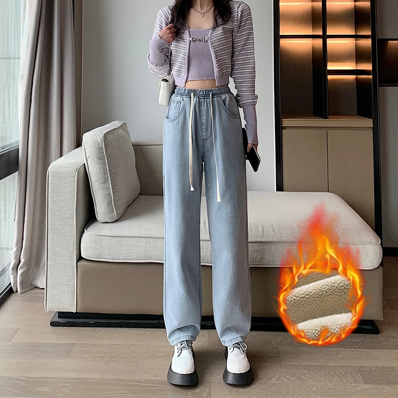 Women's Fleece Lined Thick Straight Leg Jeans Elastic Waist Wide Leg Small Size Winter Warm Bootcut Trousers High Waist Cotto...