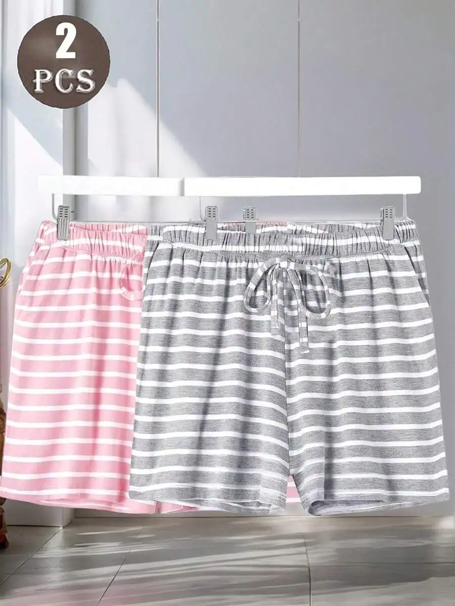 

Womens Summer Thin Striped Pajama Shorts Two-Pack Comfortable Home Wear
