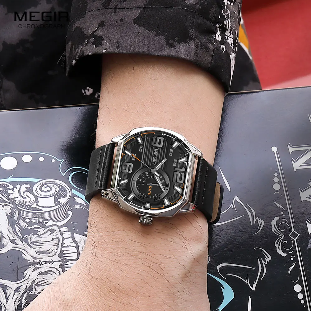 MEGIR Sport Watches for Men Fashion Octagon Dial Quartz Watch with Auto Date Leather Strap Luminous Wristwatch часы Silver black