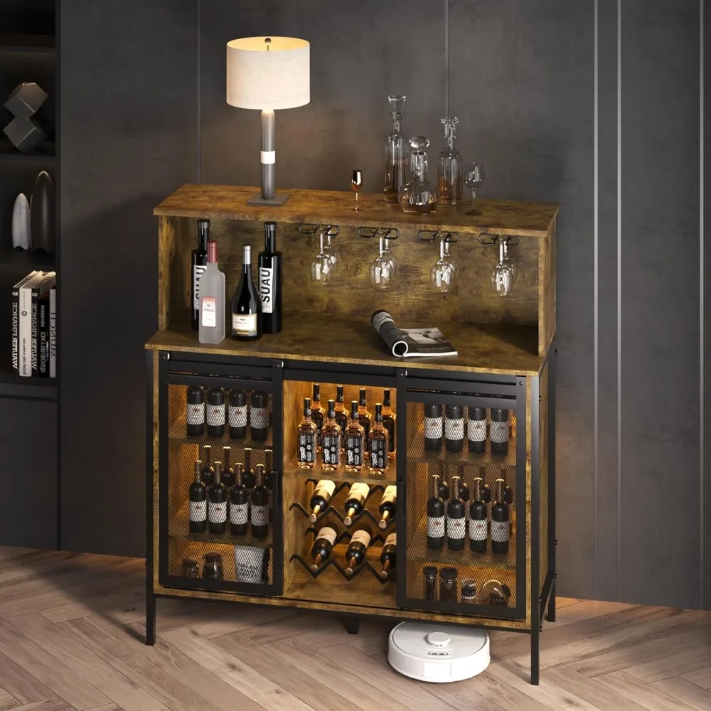 

Bar Cabinet with LED Lights, Wine Bar Cabinet Liquor Cabinet with Sliding Barn Door and Glass Holder, Coffee Bar Station