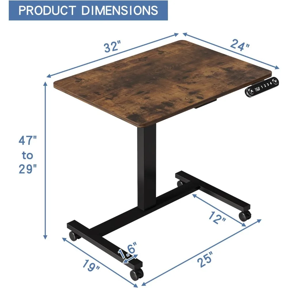 Adjustable Height Electric Desk, 32x24 Inch Sit-Stand Desk with Locking Wheels and Overbed Laptop Table Feature