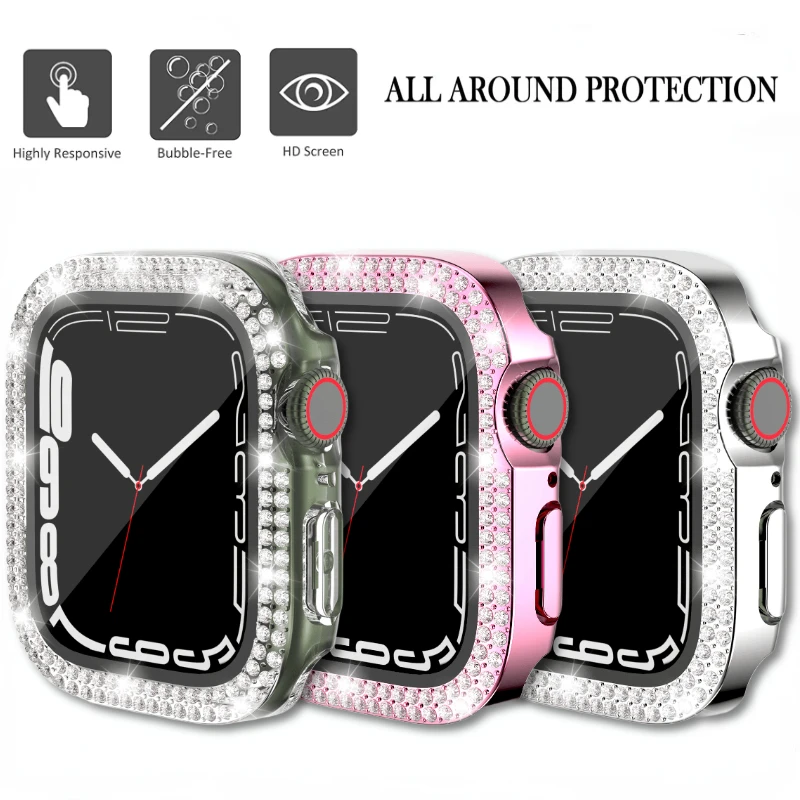 Diamentowe + hartowany Film etui na zegarek Apple 45mm 44mm 41mm 40mm 42mm 38mm szklane etui ochronne do iWatch 9 8 7 6 5 4 3 2 SE
