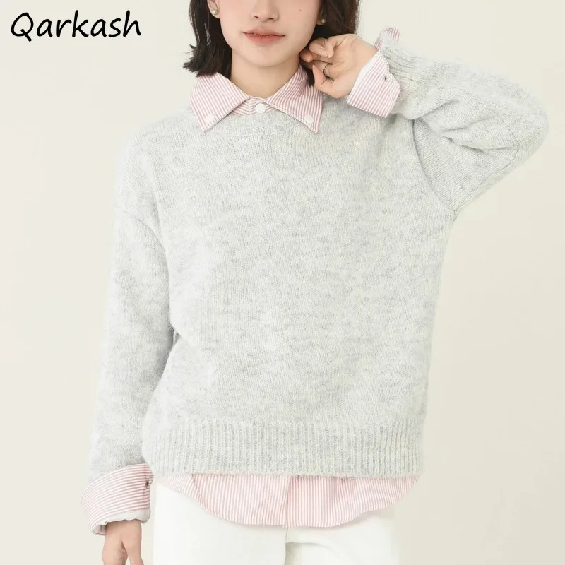 

Korean Style Pullovers for Women O-neck Minimalist Chic Clothing All-match Young Girls Ins Solid Autumn Winter College Casual