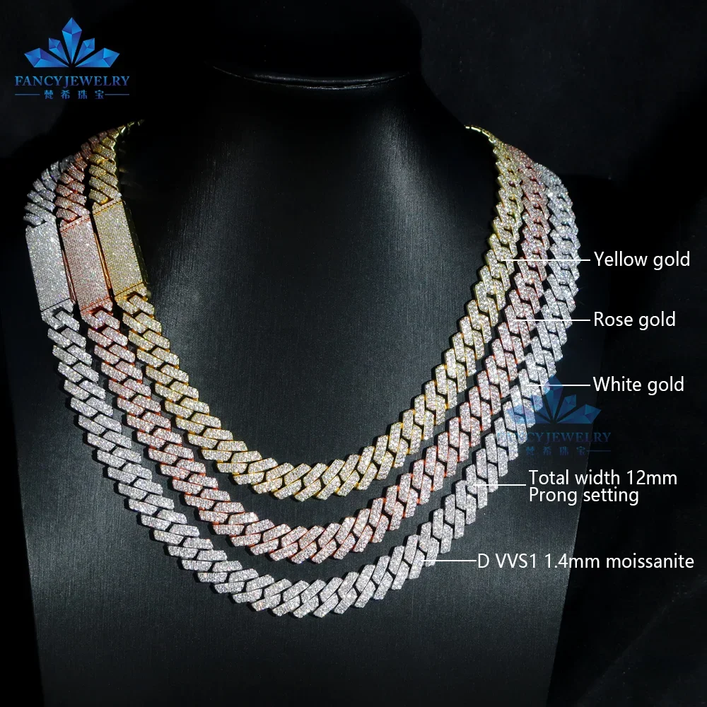 

Moissanite iced out chain vvs diamond 925 silver cuban link necklace cheap price h ip hi p 8mm 10mm 12mm wide cuban chain