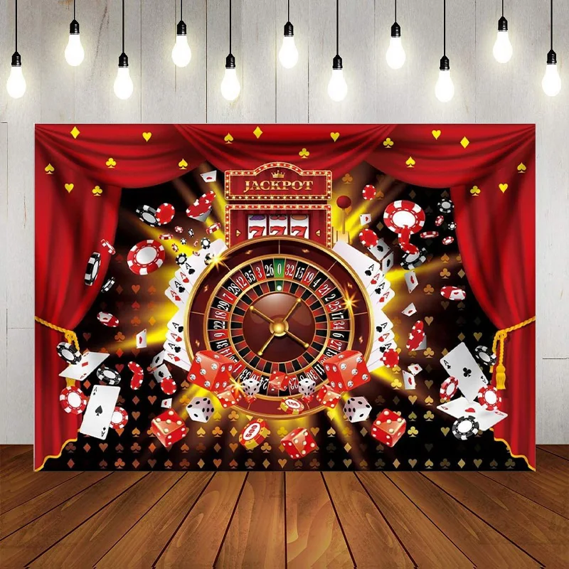 Las Vegas Casino Roulette Playing Card Red Curtain Backdrop Birthday Party Photography Background Decoration Banner Poster Photo