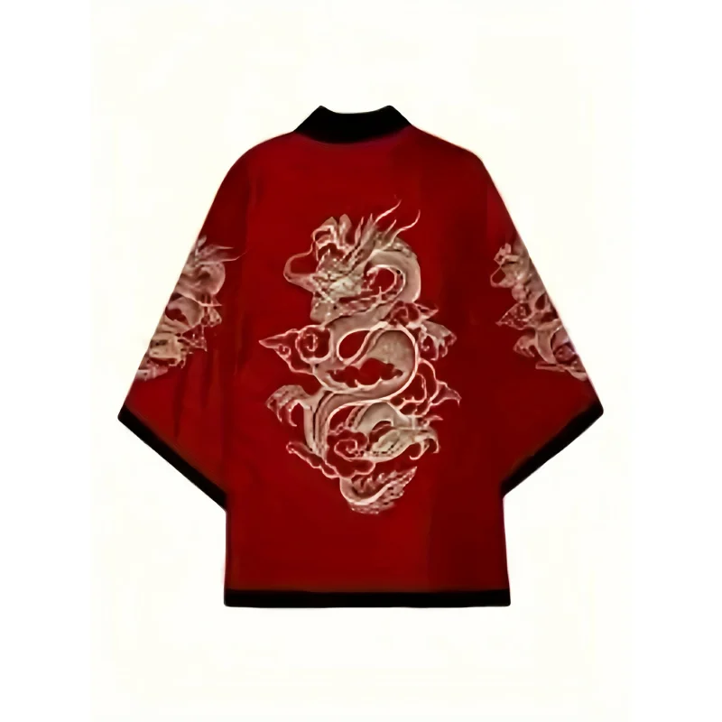 Red dragon-print kimono cardigan, casual summer style, Ukiyoe cape, Harajuku haori, 3D digital printed kimono