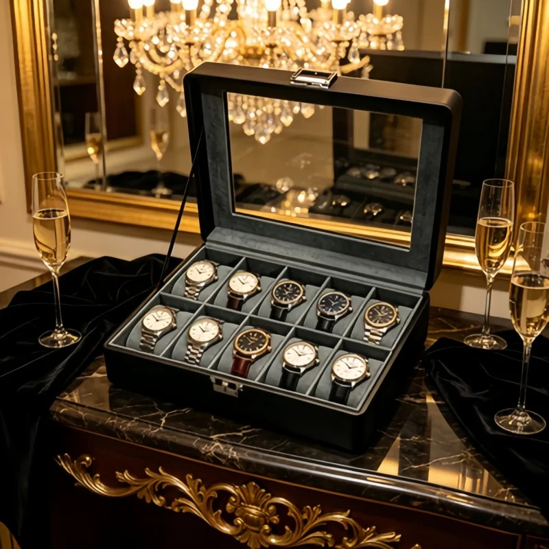 Father's Day Gift 10 Slot Watch Box Set, Lockable Men Watch Organizer + 4 Storage Bags, Birthday Gift for Dad Husband