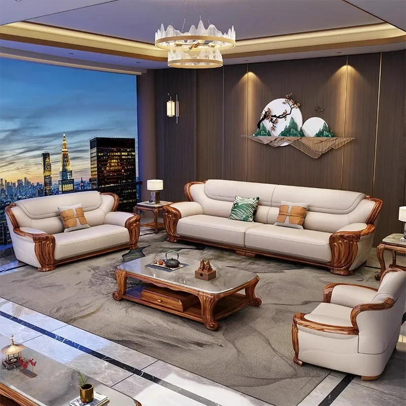

New Chinese ebony real cowhide sofa, modern simple large apartment high-end luxury wood carving flower