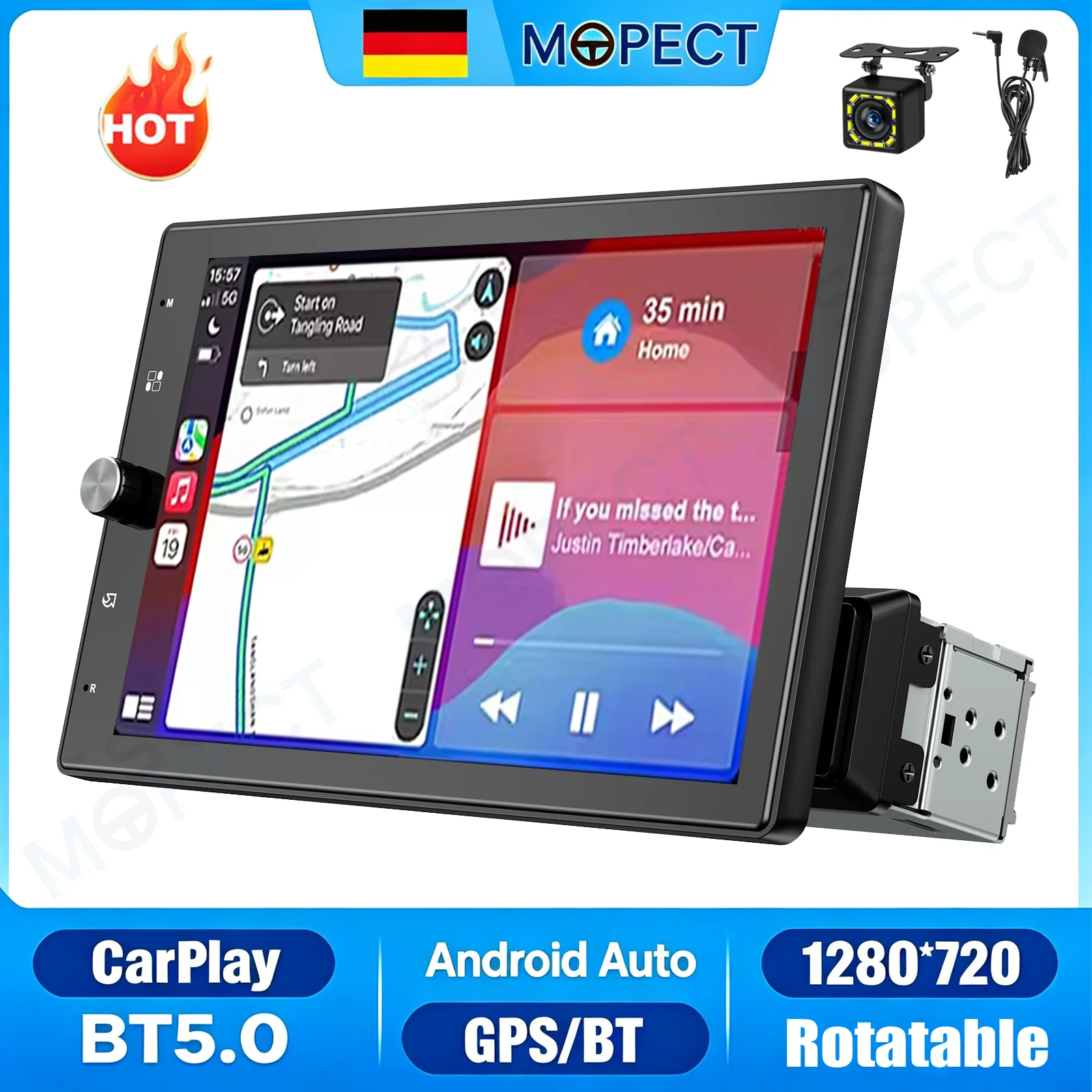MOPECT 10,4 Zoll Universal-Autoradio Single 1DIN Wireless Carplay Touchscreen 90 °   Drehbarer Bluetooth SWC FM USB AUX+MIC&Kamera