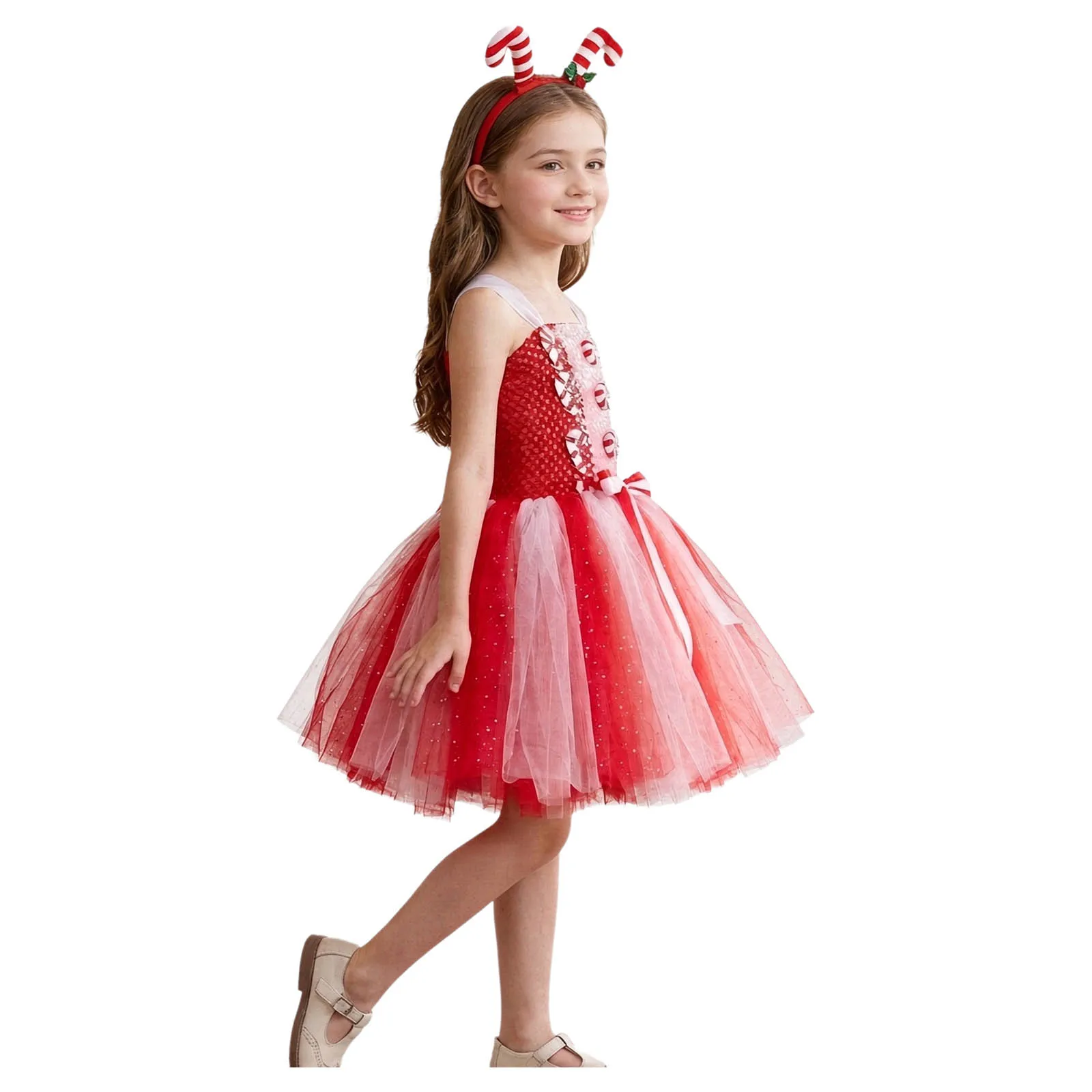 Kids Girls Christmas Candy Cane Dress Sleeveless Hollow Out Mesh Sequin Bodice Color-blocked Tulle Dress with Headwear Outfits