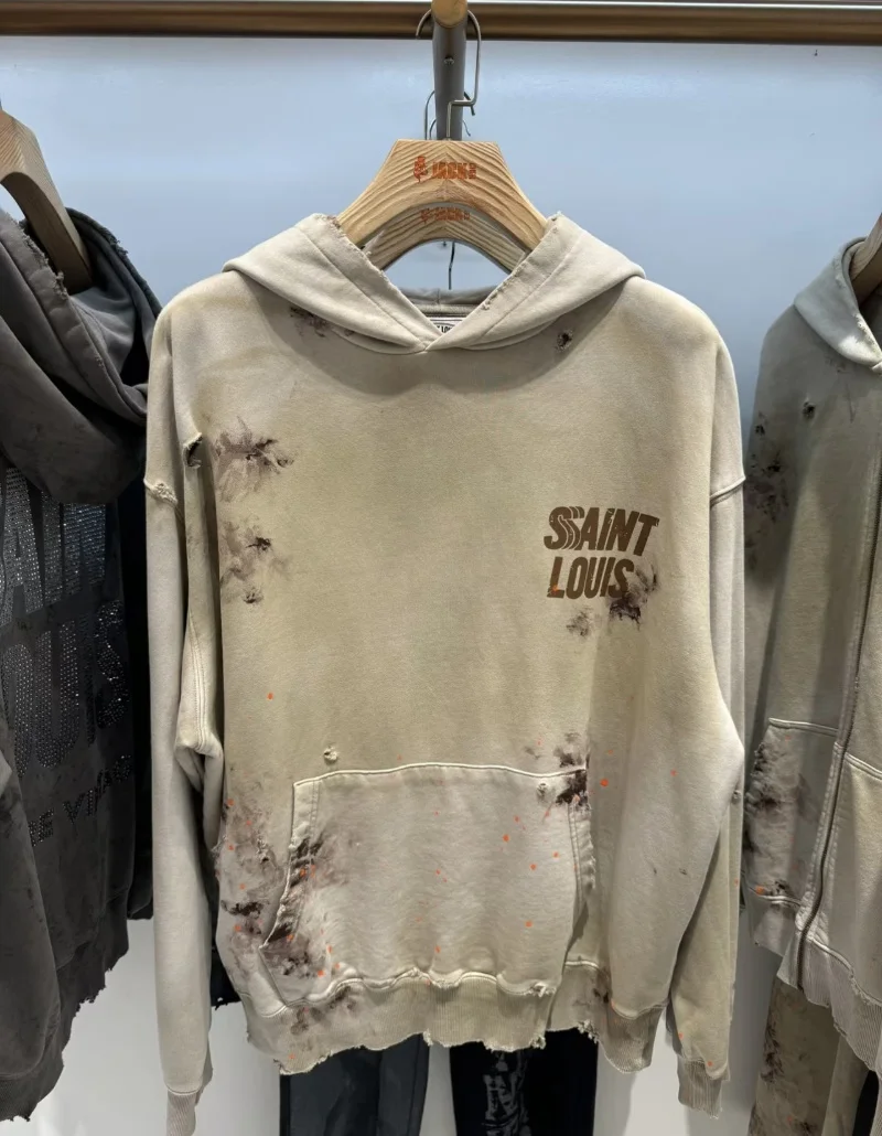 Winter SAINT LOUIS Men's Women's Ink Splash Washed Hole Letter Logo Print Vintage Hooded Pullover Sweatshirt