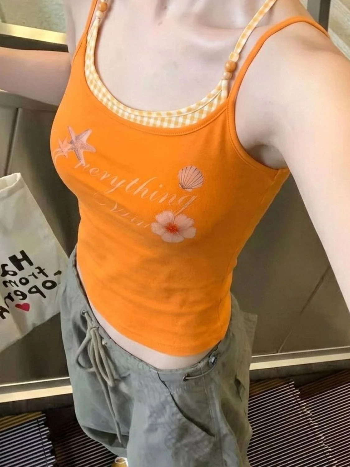 Women's Orange Ocean Print Crop Cami fake 2PCS Checkered Trim & Ruched Sides Y2K Summer  Sleeveless Sweet Tank Top for Girls