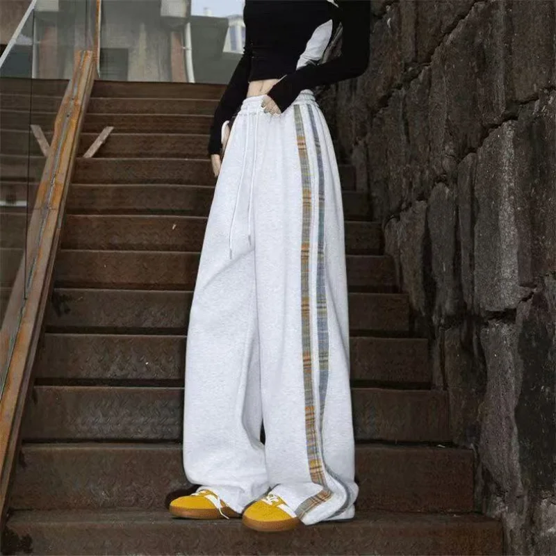 Pantalon à jambes larges épissé à carreaux pour femmes, personnalité de rue, Style coréen, décontracté, cordon de serrage, Design, pantalon de printemps, nouveau