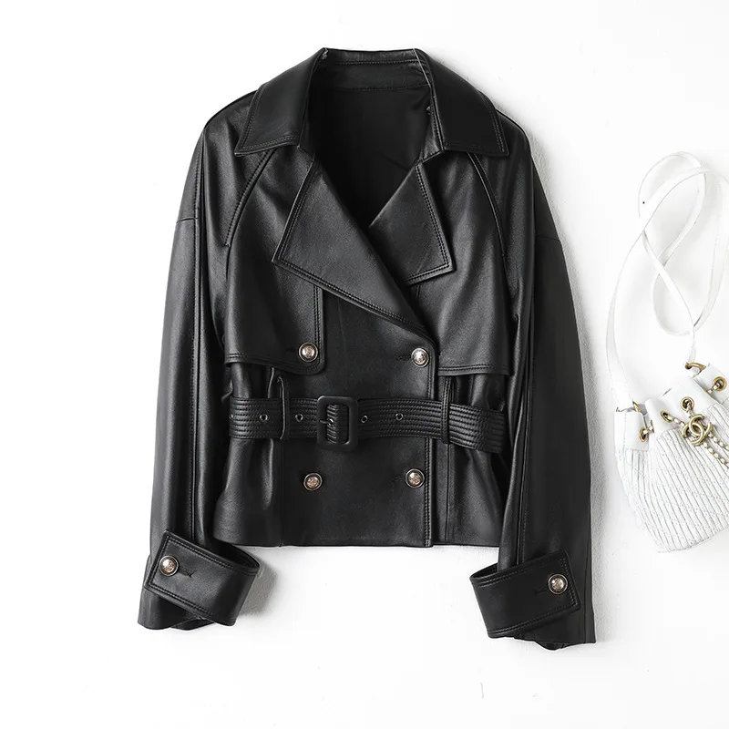 Giacca in pelle da donna Primavera Cintura doppiopetto Chiusura in vita Slim Ceket Kadın Trench corto allentato importato in pelle di pecora