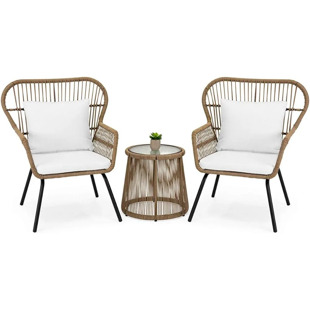 

3 Pieces Bistro Chair Set w/Glass Table Beige Outdoor Patio Furniture Wicker Rattan Modern Conversation Chat Seating