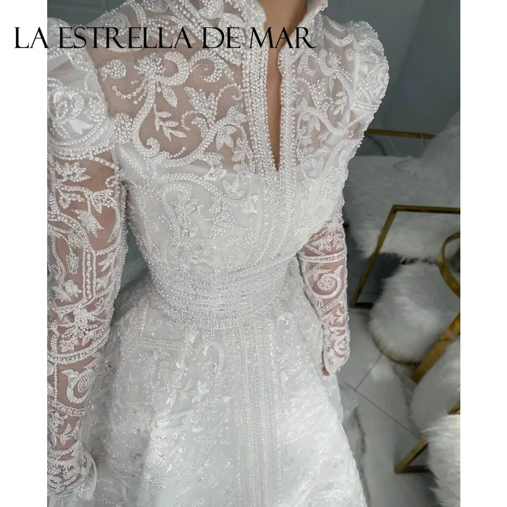 Luxury Wedding Dress Sequins Crystal Beading Pearls High Neck Bridal Gowns Muslim Long Sleeves Vestido De Novia Custom Robe