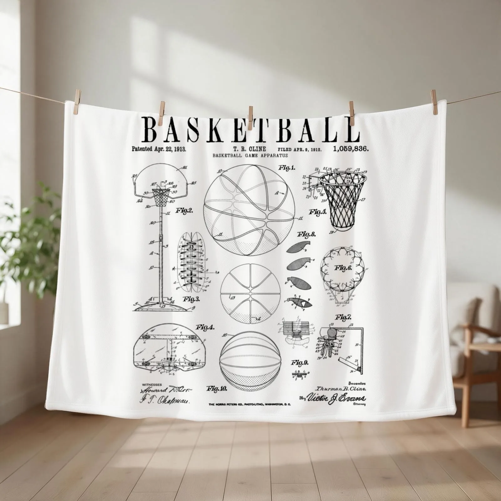 Basketball Old Vintage Patent Drawing Print Throw Blanket couch cozy soft plush fuzzy picnic outdoor blanket