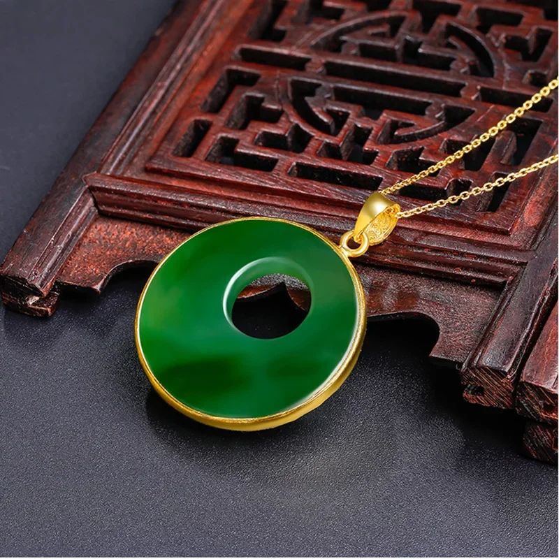 High Quality 24K Gold AU999 Necklace Women Bauhinia Jasper Peace Buckle Pendant Flowers Blooming Wealth Retro Ladies