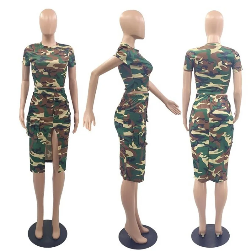 Conjunto feminino de saia midi, plus size, moda primavera e verão com estampa lw-camo de manga curta e fenda da coxa