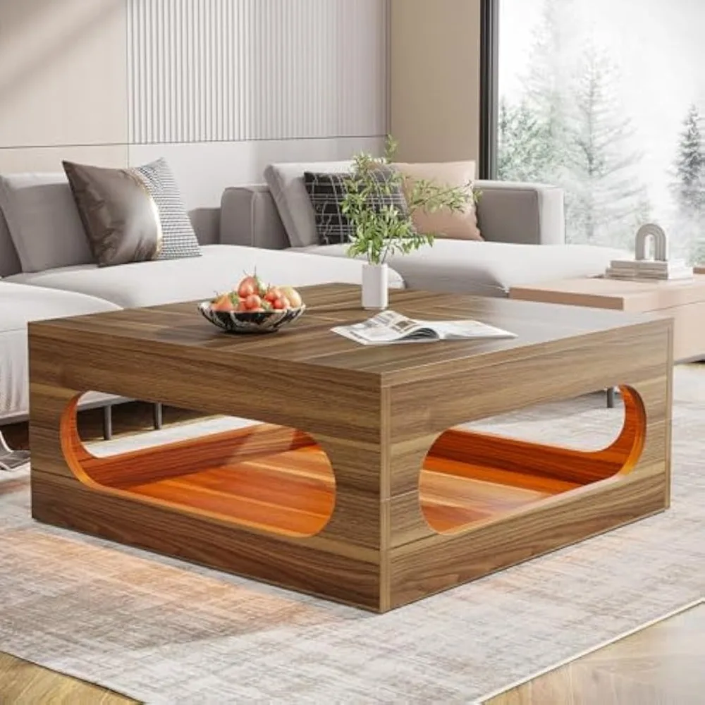 43-Inch Coffee Table with LED Light, Square Coffee Table with Storage, Wood Cocktail Table, Farmhouse Center Table