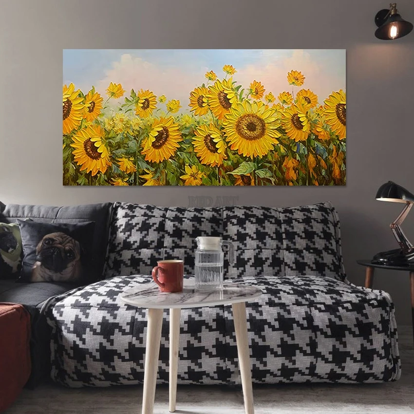 

Декор для гостиной, большие подсолнухи, холст, картина, ручная роспись, мастихин, абстрактный набор настенных панелей для украшения отеля