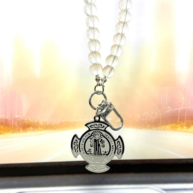 الكاثوليكية سانت بنديكت وسام الفولاذ المقاوم للصدأ الصليب سيارة قلادة للنساء الرجال الذهب اللون الزجاج سلسلة تميمة مجوهرات سانيتو