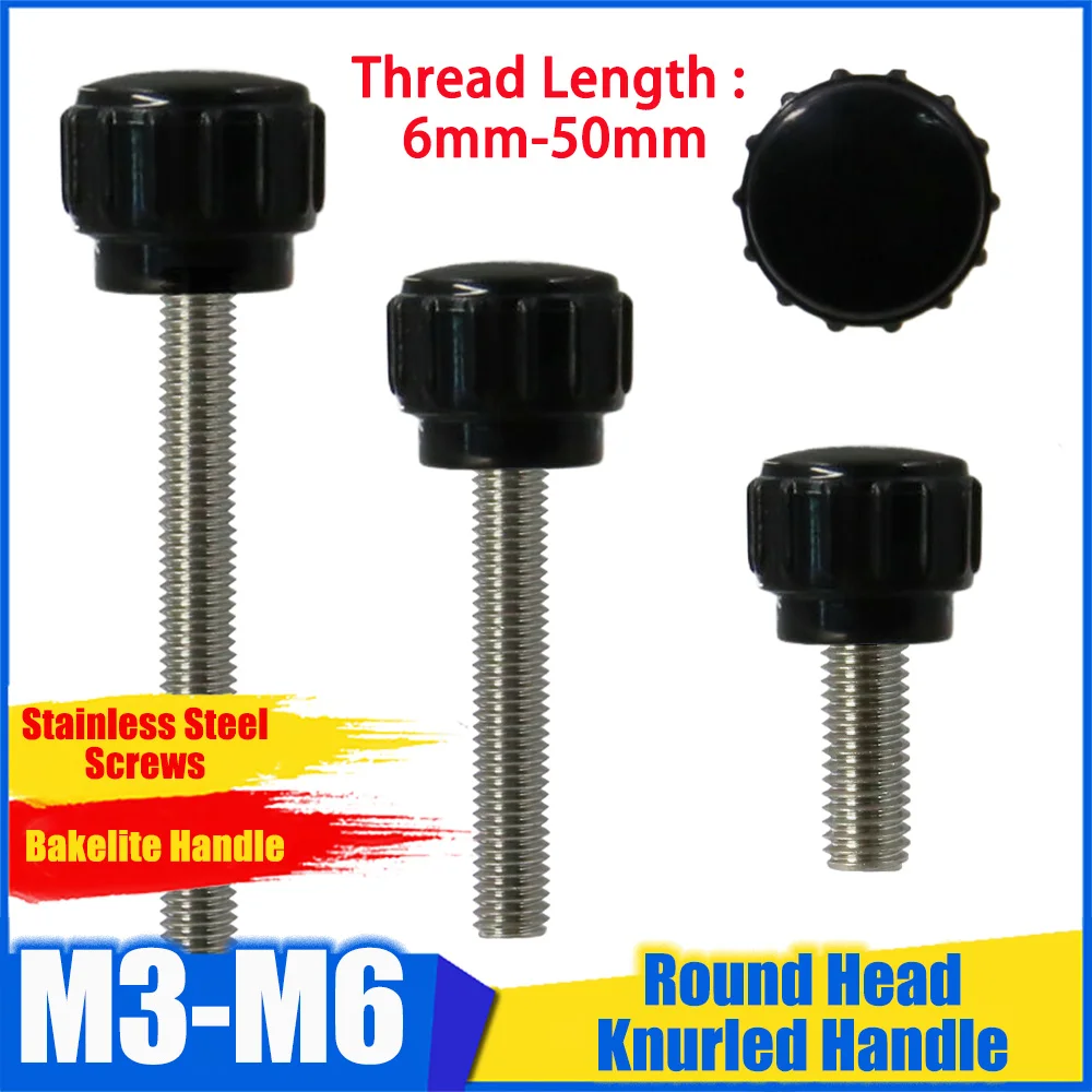 1Pc M3 M4 M5 Bakelite Head Handle Hand Tight Adjustable Knob With 304 Stainless Steel Screw 6mm-50mm