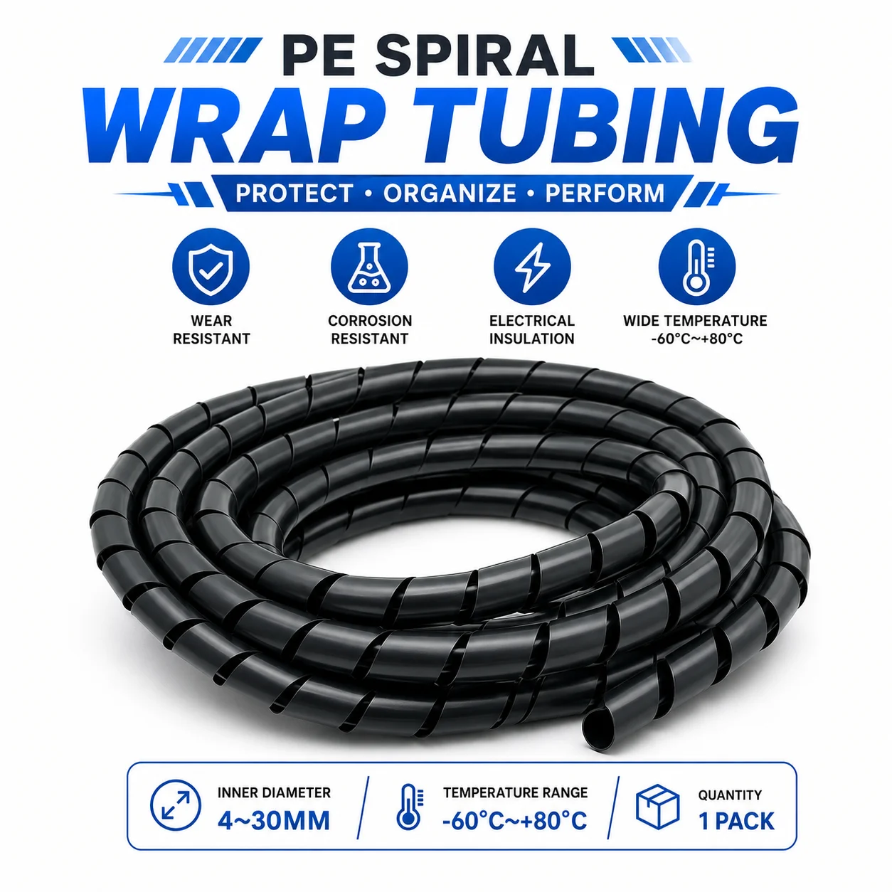 A Pack Of Black PE Spiral Tubes With An Inner Diameter Of 4‑30Mm, Repeatedly Bent Without Cracking, Noise Reducing Cable Sleeve