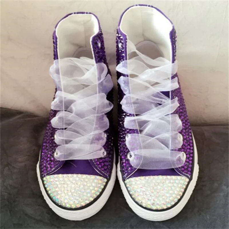 

Rhinestone lace lace-up handcrafted custom canvas shoes Spring and autumn high-top casual sports shoes women's large size 35-44