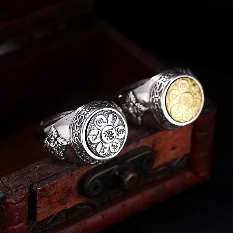 Wholesale s925 sterling silver rotatable six-character mantra ring men's index finger ring open mouth Thai silver retro ornament