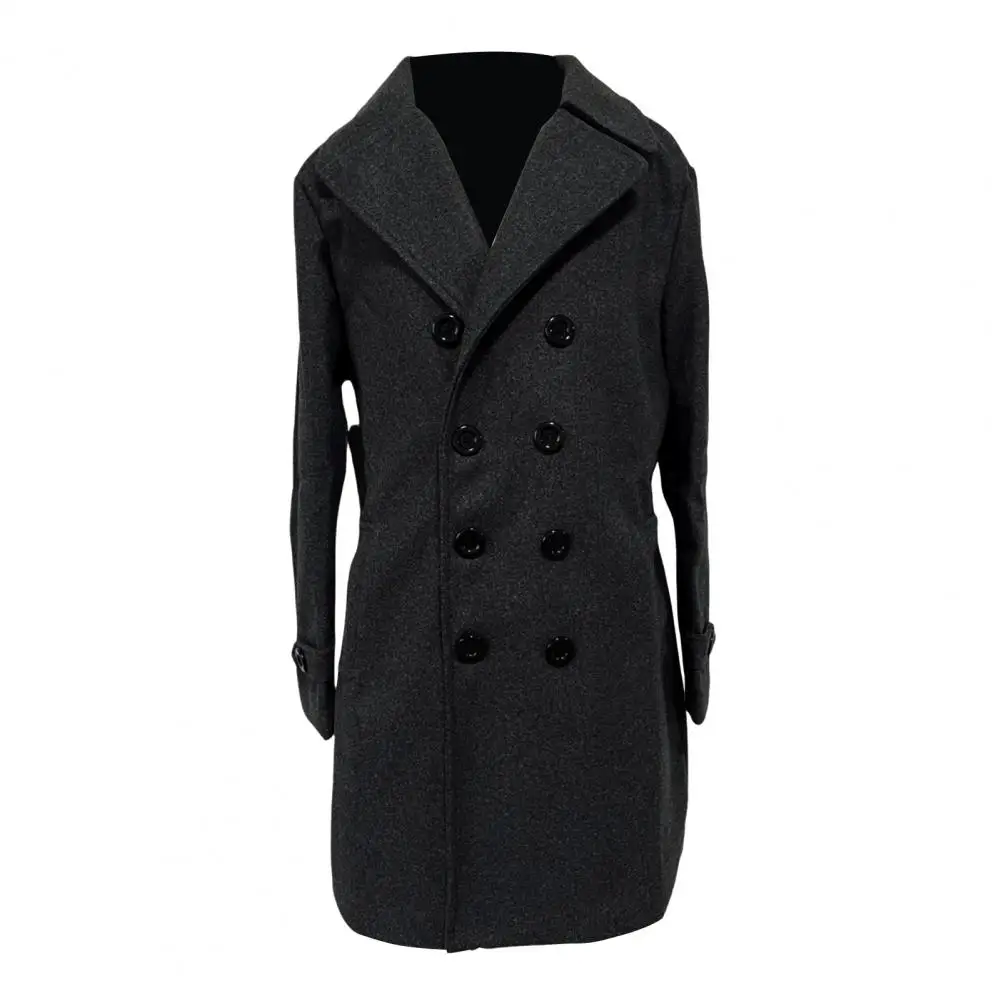 Buttoned Woolen Coat Men's Double Breasted Long Woolen Coat with Lapel Pockets Solid Color Mid-length Outwear for Winter Warmth