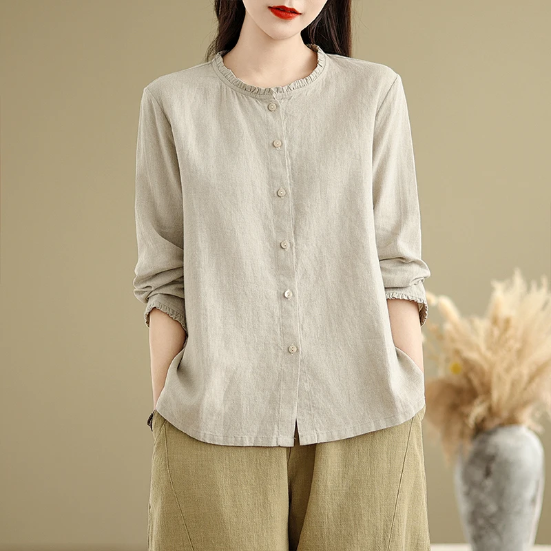 

Loose Long Sve irt Korean Sle Artistic Loose Women's Top Outerwear Spring Autumn New Arrival plus Size Button up