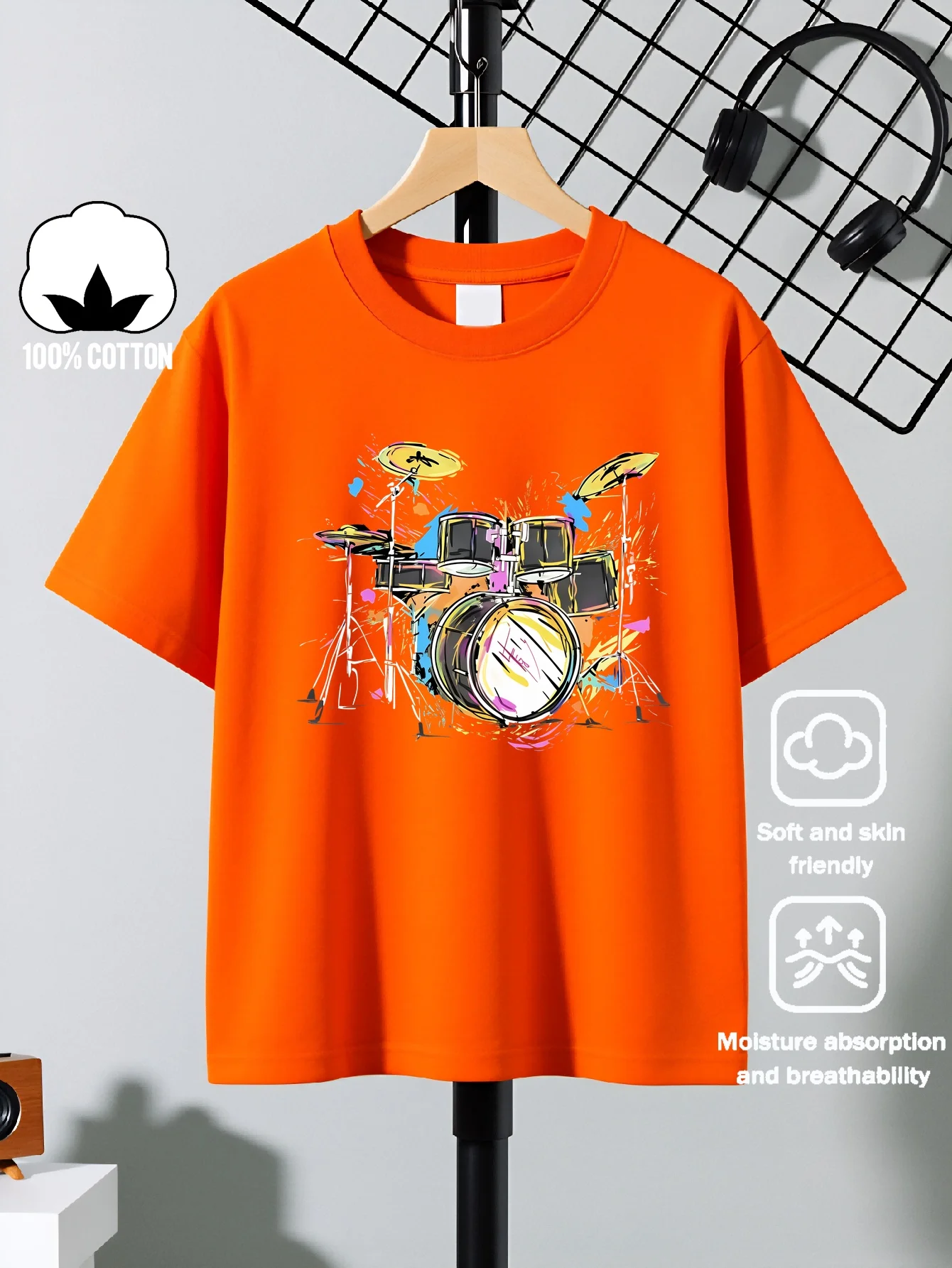 Colorful Drum Group Abstract Art Design Print Machine Washable Outdoor Activity Top Comfortable Round Neck Parent-child T-shirt
