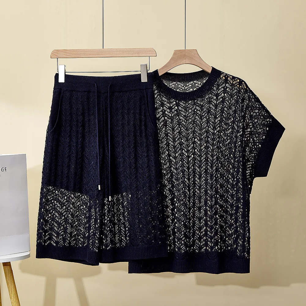 

Summer B*C Women's New Hollowed Suit Round Neck Silk Linen Short-sleeved Fashion Casual Shorts Two-piece Set