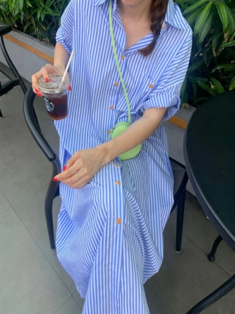 Summer Short Sleeve Blue Stripe Print Women\'s Shirt Dress Turndown Collar Loose Clothes New Fashion Elegant Long Dresses