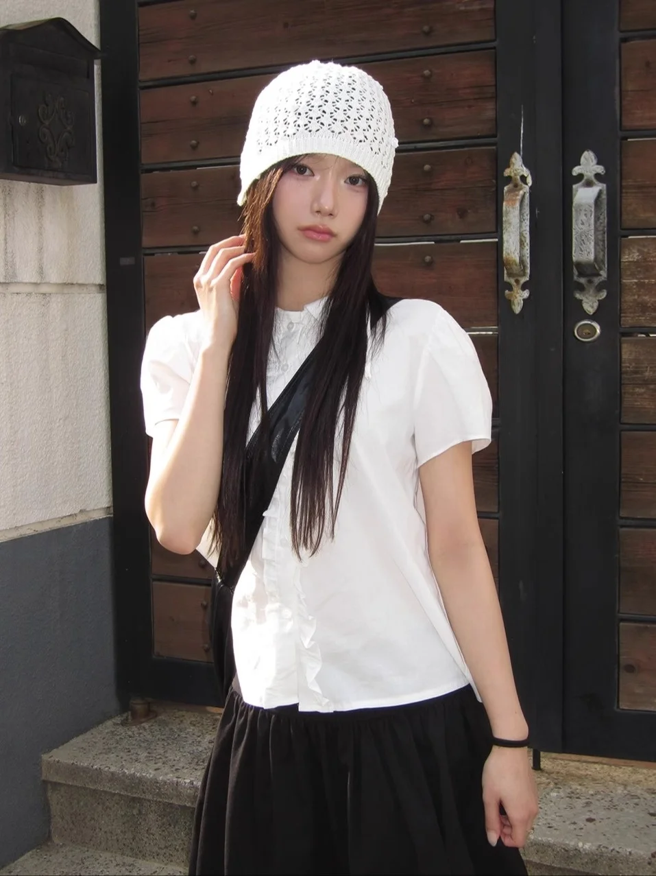 

Sweet Summer ort Sve irt Unique SEI Korean Sle Straight Cut Flounce Collar Versatile Slimming Earlet Trim Commute Wear