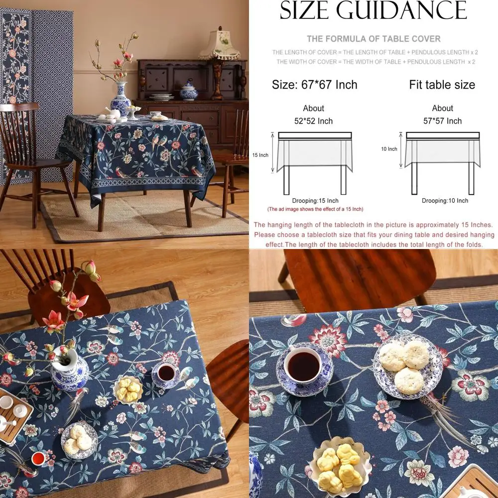 

Винтажная темно-синяя льняная квадратная скатерть с французским цветочным узором и птицей, идеально подходит для кухни, столовой, чаепития и праздника.