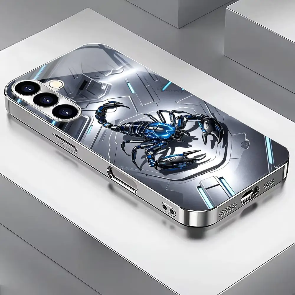 Mechanical Scorpion Silver Plated Glass Phone Case Suitable for Samsung Galaxy S26 S25 S24 S22 S21 S20 FE/Ultra/Plus Anti Drop