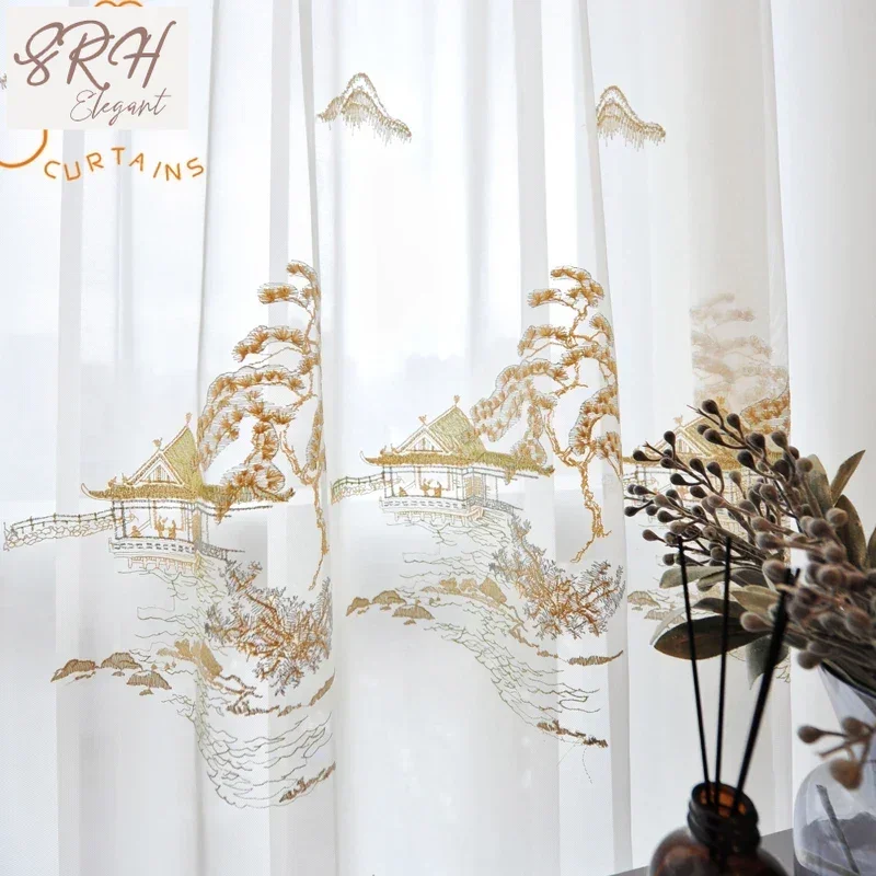 New Chinese Style Pavilion Embroidery Window Screen Curtains For Living Room Bedroom Study Floor-to-ceiling Bay Window Finished
