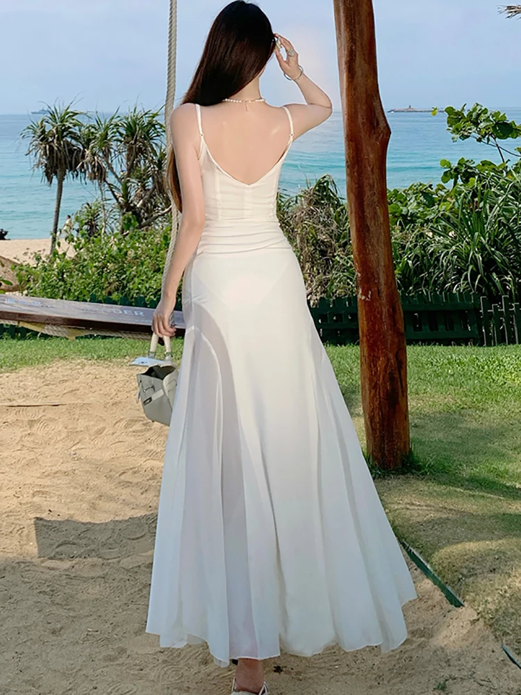 Women Korean Elegant Casual Holiday Dress Summer White Chic Bow Lace Sqaure Collar Sling Dress 2025 New Fashion Bodycon Dresses