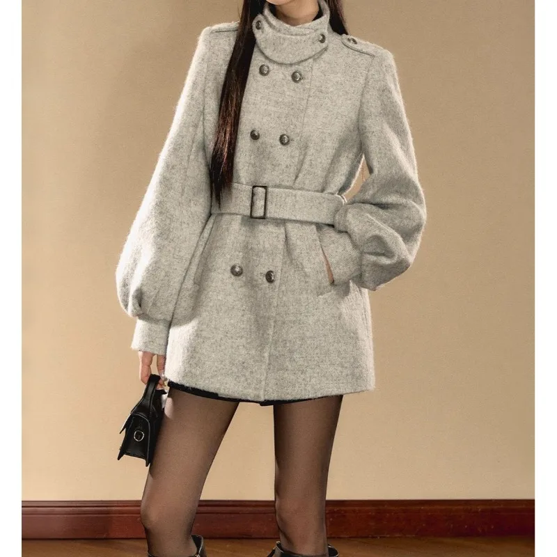 Korean High-end Daughter-gold Lantern-sleeved Woolen Coat for Women's 2025 Winter New Temperament Double-breasted Woolen Coat