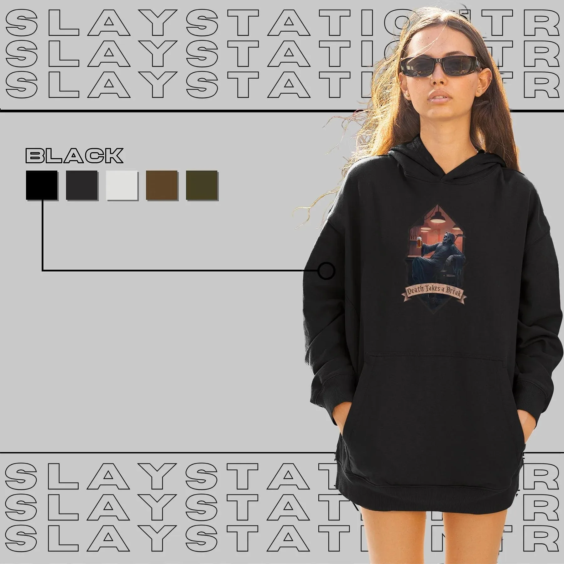 

Autumn and Winter Eerie Death Takes A Break Cotton Hoodie, Perfect for Stand - Out Fashion Statements