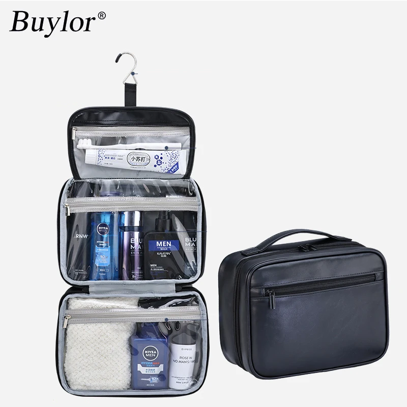 

Buylor большая вместительная сумка для мытья из искусственной кожи для мужчин, водонепроницаемая перегородка, женская косметичка для хранения для путешествий, деловая косметичка с крючком
