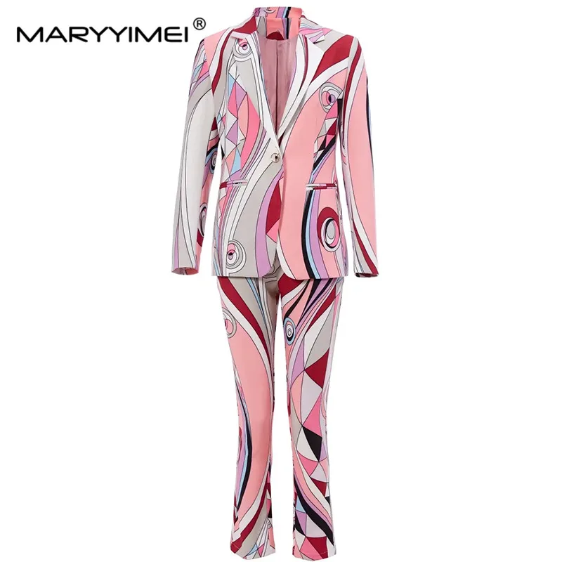 

MARYYIMEI New Fashion Autumn High Quality Suit Collar Single Button Pockets Jacket＋Trousers Print Two Pieces Set