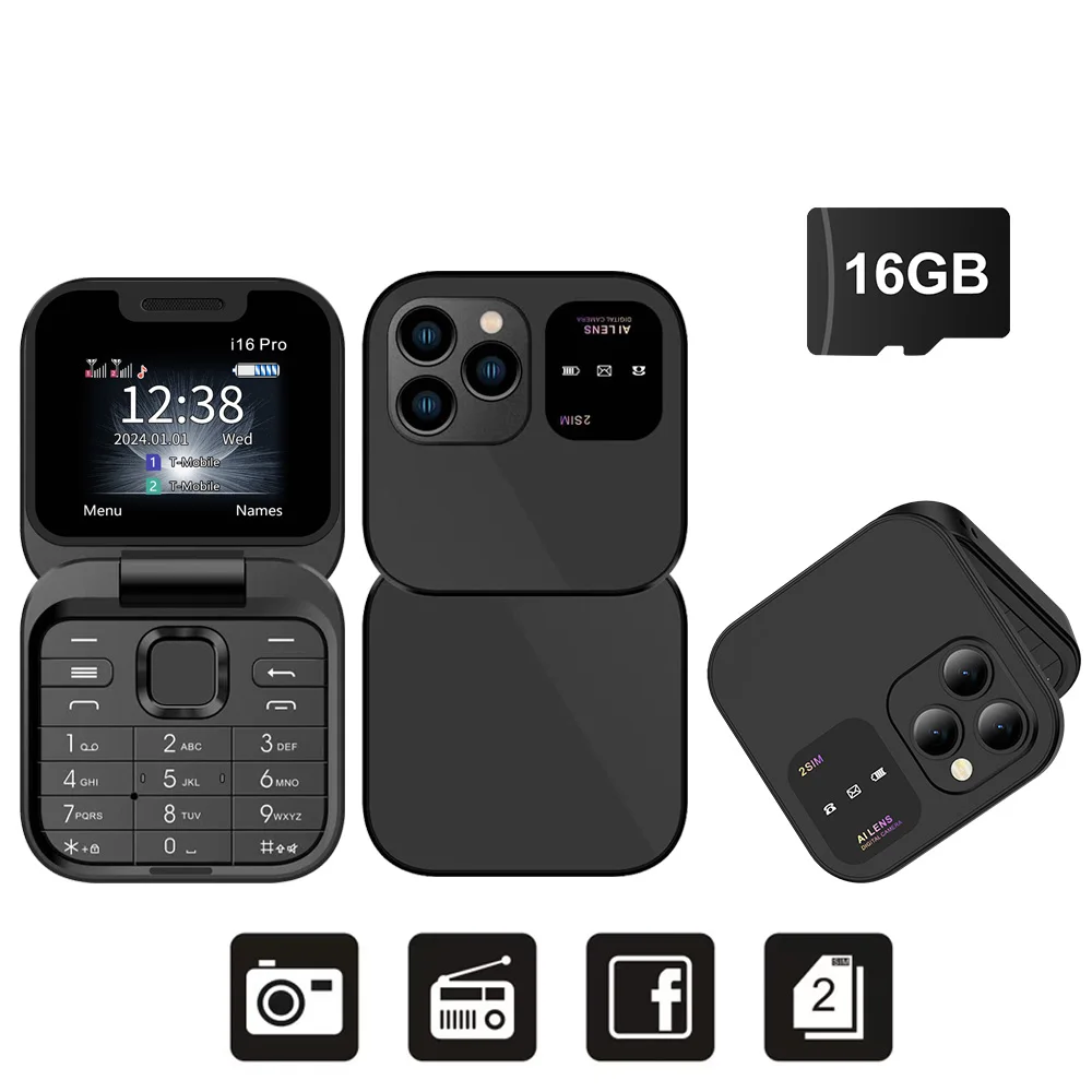 SERVO I16PRO 2G GSM Dual-SIM Klapp-Minihandy mit Automatischer Anrufaufzeichnung, Kurzwahl, Magischer Stimme, UKW-Radio, Kleines Faltbares Telefon mit Typ-C-Anschluss