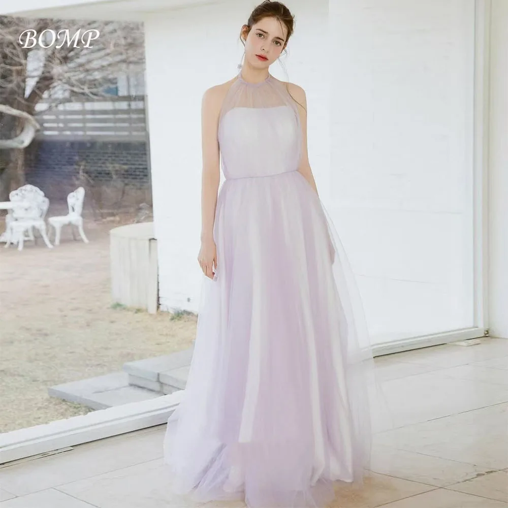 

BOMP Fairy Purple Wedding Party Dress Halter Sleeveless Sash Floor Length Tulle Korea Photo Shoot Bridal Reception Gown Custom