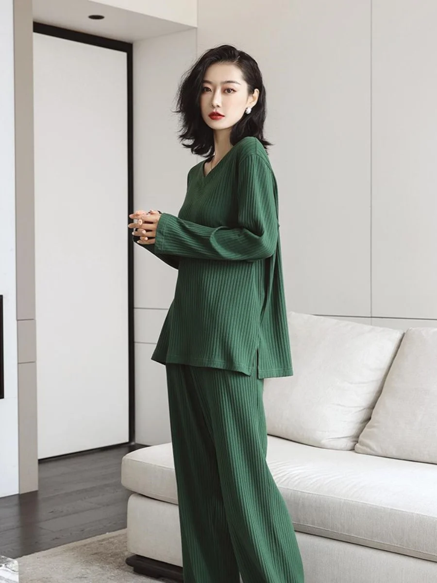 plus Size Thin Long Sleeve Long Pants Sleepwear Casual Home Clothes Loose Covering Meat Lazy Style Set Women Polyester Fabric