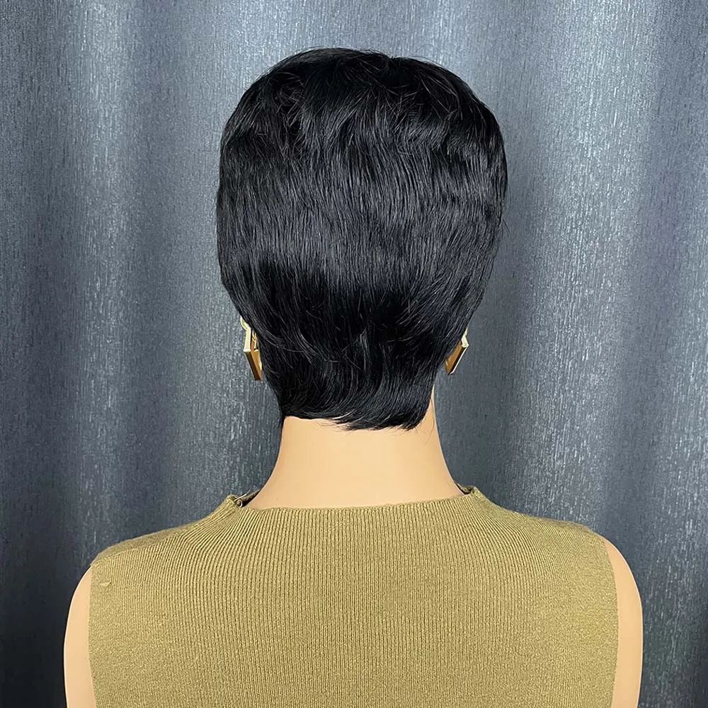 Perucas curtas de corte pixie para mulheres negras, peruca de cabelo humano remy com franja, cor preta, feita à máquina, com franja colorida