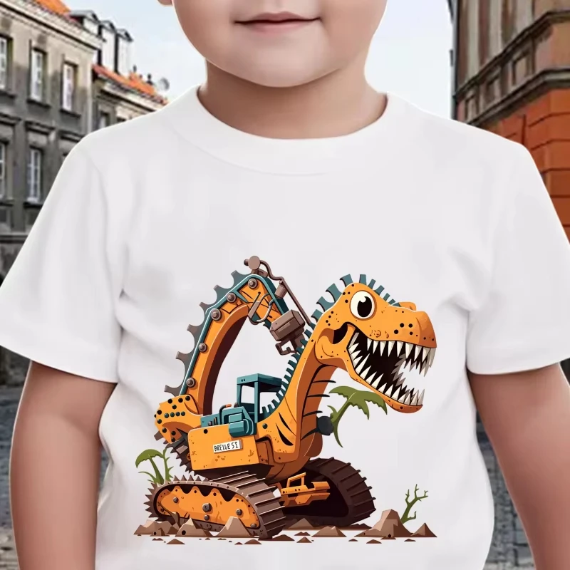 Cartoon Dinosaur Excavator Printed Summer Children's T-shirt Fun and Colorful Boys and Girls Casual Top Parent Child  T-shirt