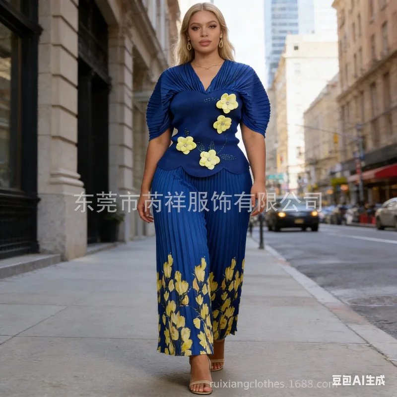 

Комплект с плиссированной юбкой Miyake French, весна 2026, новинка, с принтом, приталенный, с 3D цветами ручной работы и стразами, вечерние платья